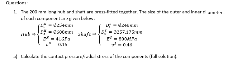 Solved Questions: 1. The 200 mm long hub and shaft are | Chegg.com