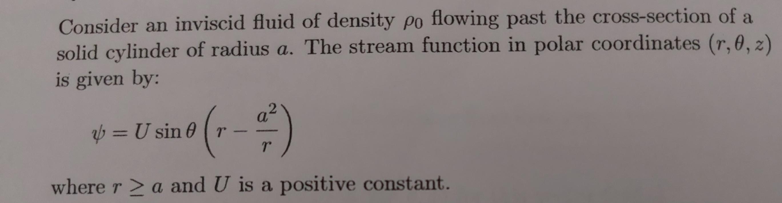 Consider an inviscid fluid of density \( \rho_{0} \) flowing past the cross-section of a solid cylinder of radius \( a \). Th