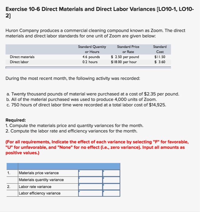 Solved Exercise 106 Direct Materials and Direct Labor