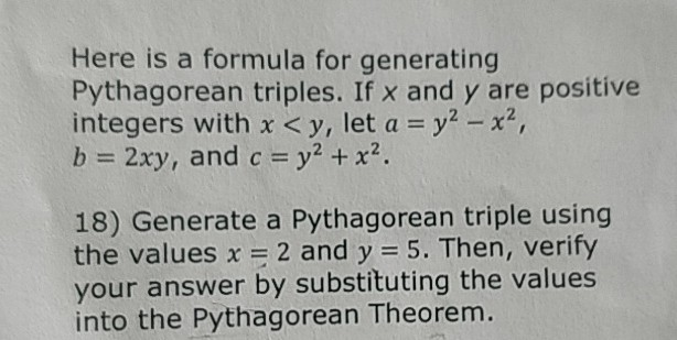 Solved Here Is A Formula For Generating Pythagorean Triples. | Chegg.com