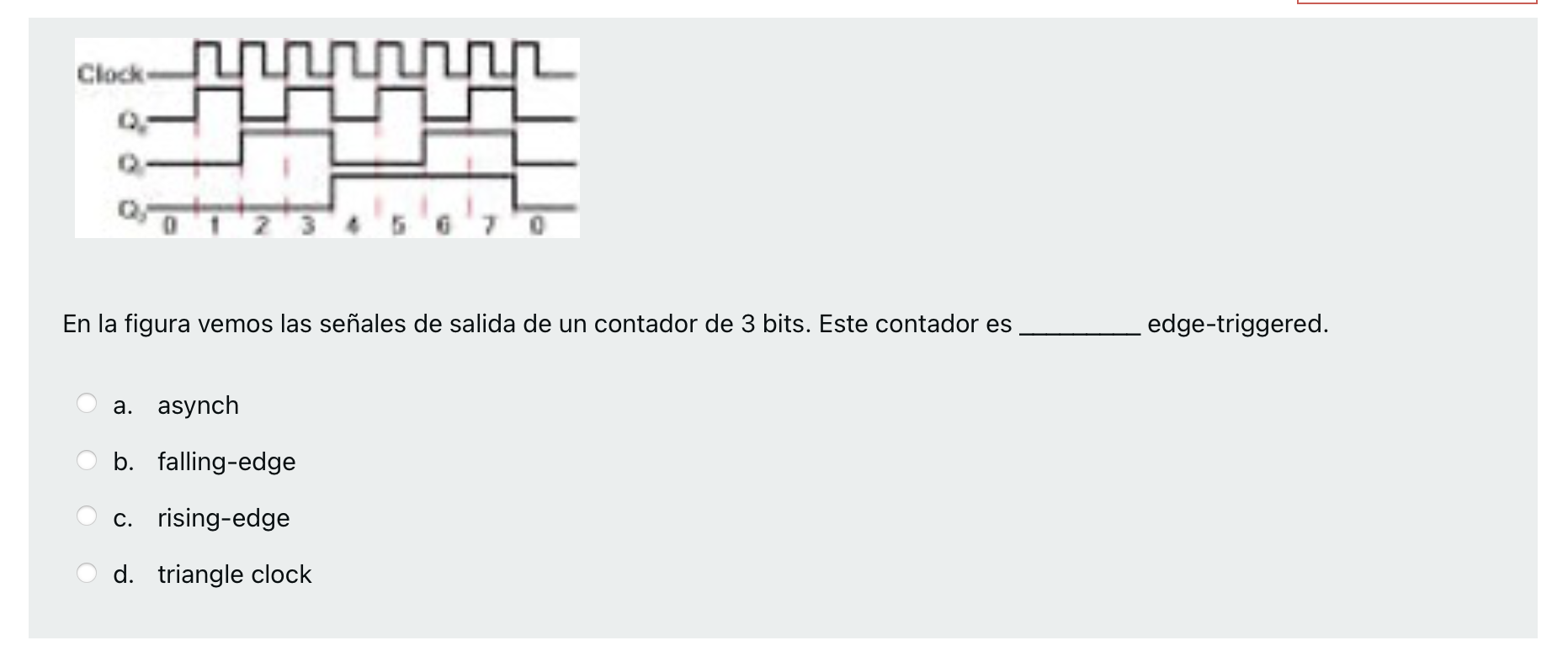 En la figura vemos las señales de salida de un contador de 3 bits. Este contador es edge-triggered. a. asynch b. falling-edge