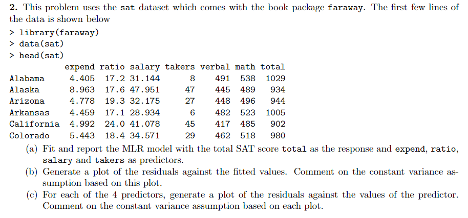 Solved 2. This problem uses the sat dataset which comes with | Chegg.com
