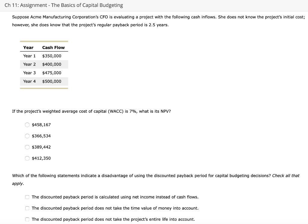 Solved Ch 11: Assignment - The Basics of Capital Budgeting | Chegg.com