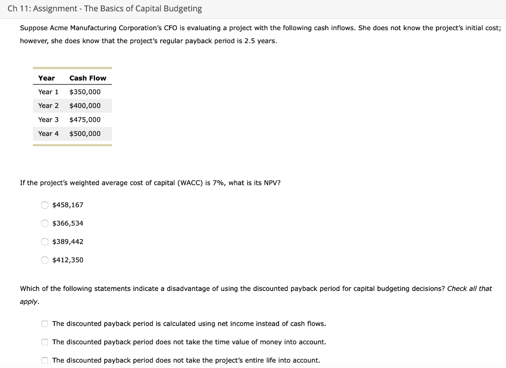 Solved Ch 11: Assignment - The Basics Of Capital Budgeting | Chegg.com