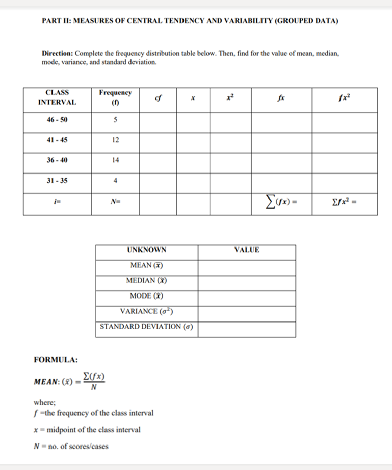 Measures Of Central Tendency Of Grouped Data Worksheet