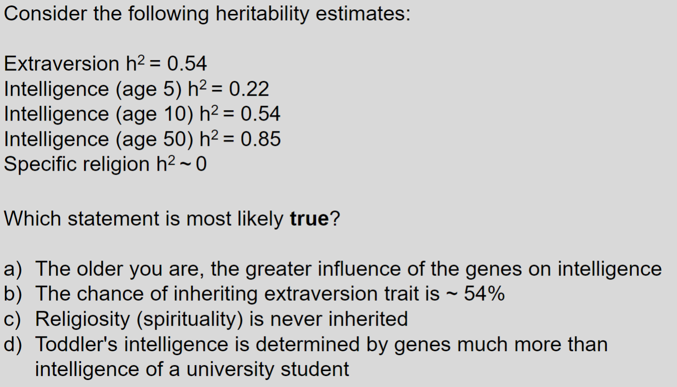 Solved Consider The Following Heritability Estimates: = | Chegg.com