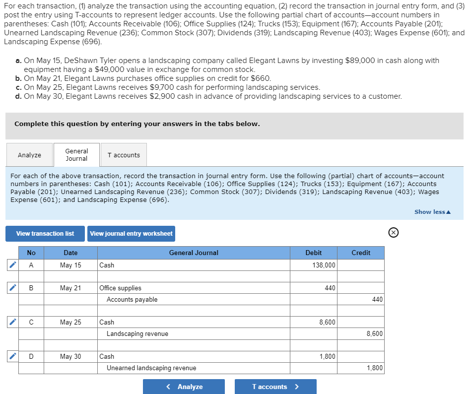 Solved For each transaction, (1) analyze the transaction | Chegg.com