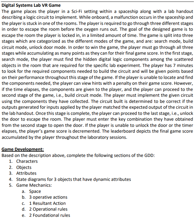 Solved Digital Systems Lab VR Game The game places the | Chegg.com