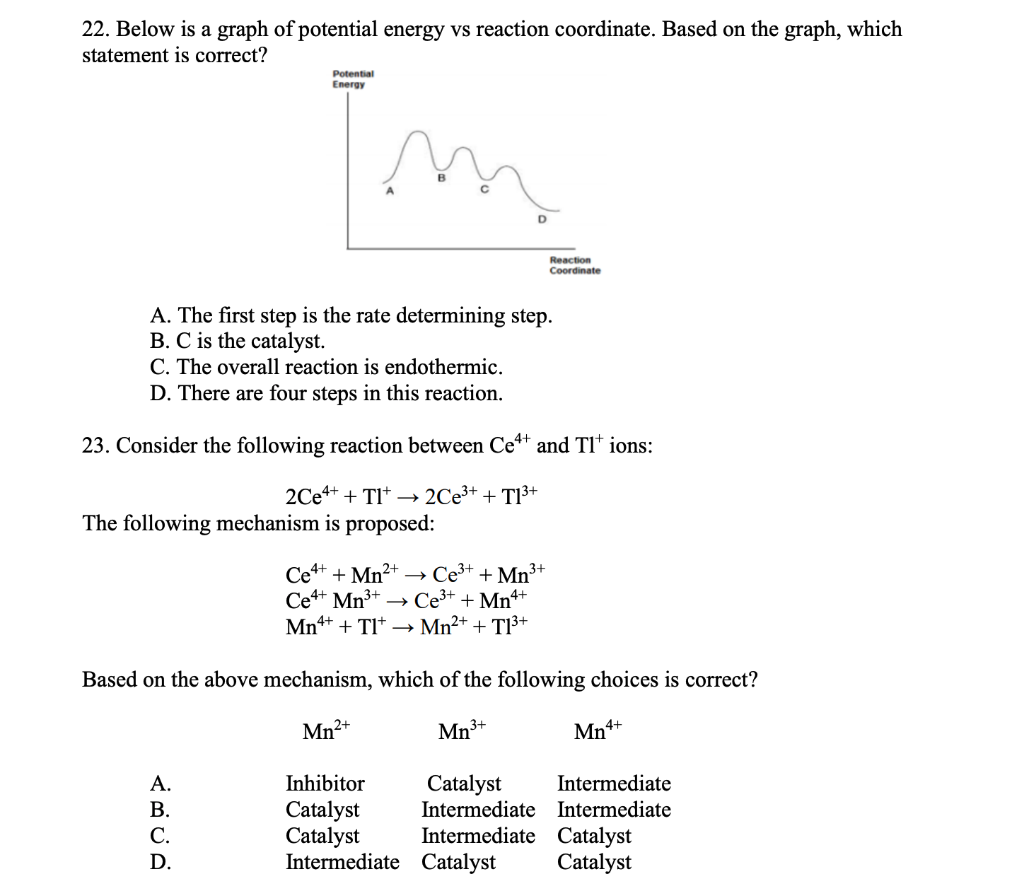 Solved 22 Below Is A Graph Of Potential Energy Vs Reaction 9786