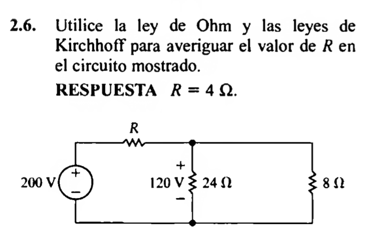 2.6. Utilice la ley de Ohm y las leyes de Kirchhoff para averiguar el valor de \( R \) en el circuito mostrado. RESPUESTA \(