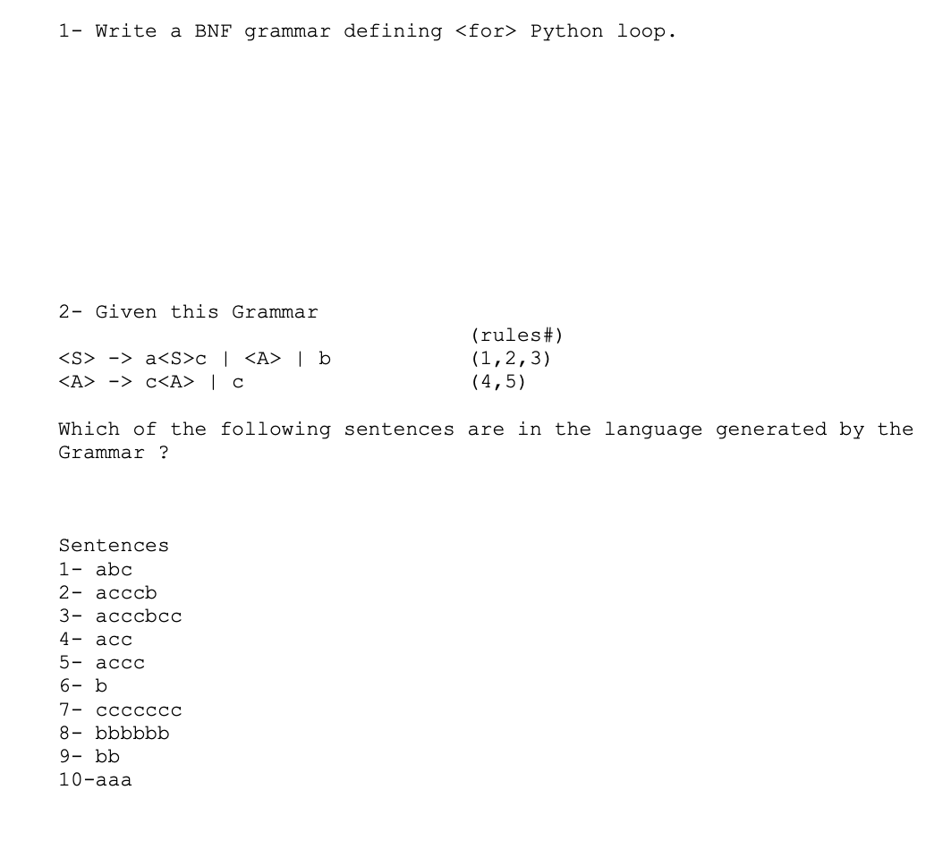 Solved 1 Write A BNF Grammar Defining Python Loop 2 Chegg Com   PhpcTkDNa 