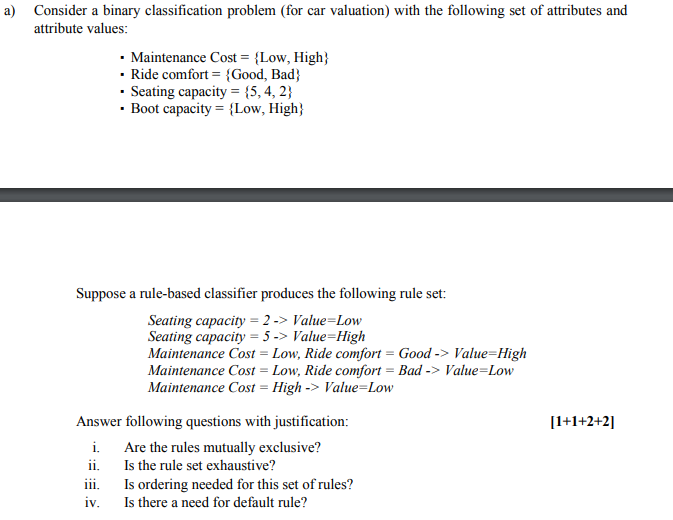 Solved a) Consider a binary classification problem (for car | Chegg.com