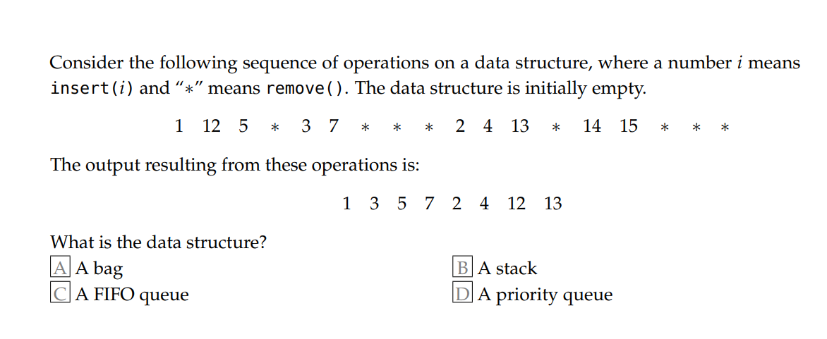 Consider the following sequence of operations on a data structure, where a number \( i \) means insert \( (i) \) and  \( * \