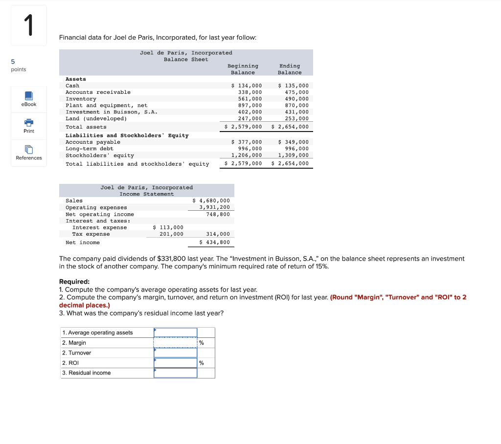 Solved 1 Financial Data For Joel De Paris, Incorporated, For 