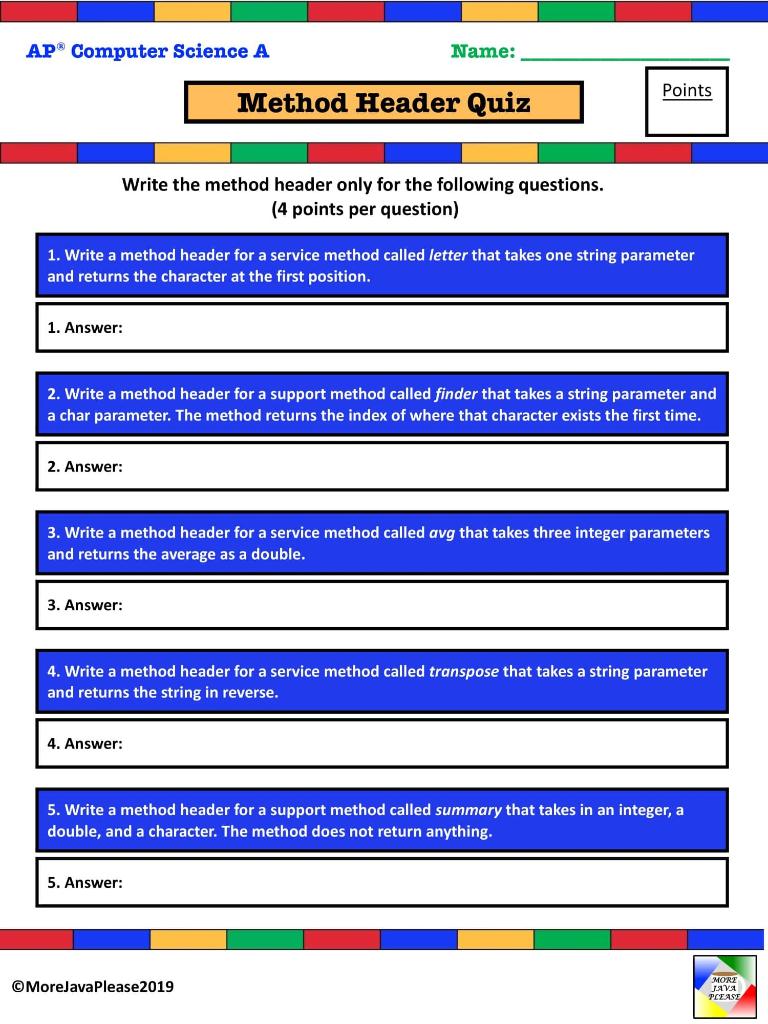 Solved AP Computer Science A Name: Points Method Header Quiz | Chegg.com