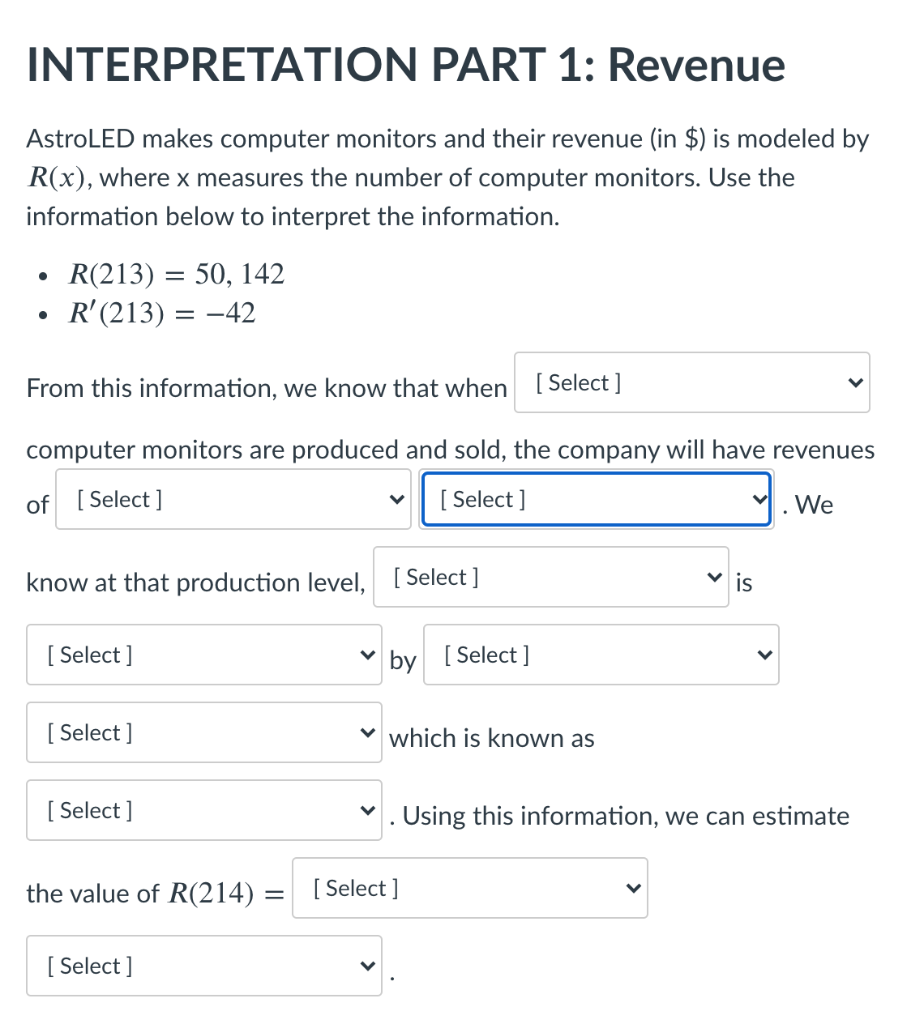 Solved Drag Down Menu Part 1 Revenue 1 50 142 23 42 Chegg Com