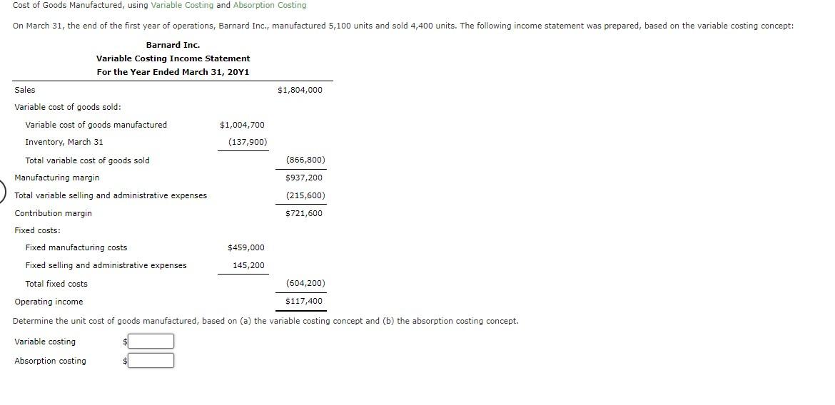 Solved Cost of Goods Manufactured, using Vanable Costing and | Chegg.com