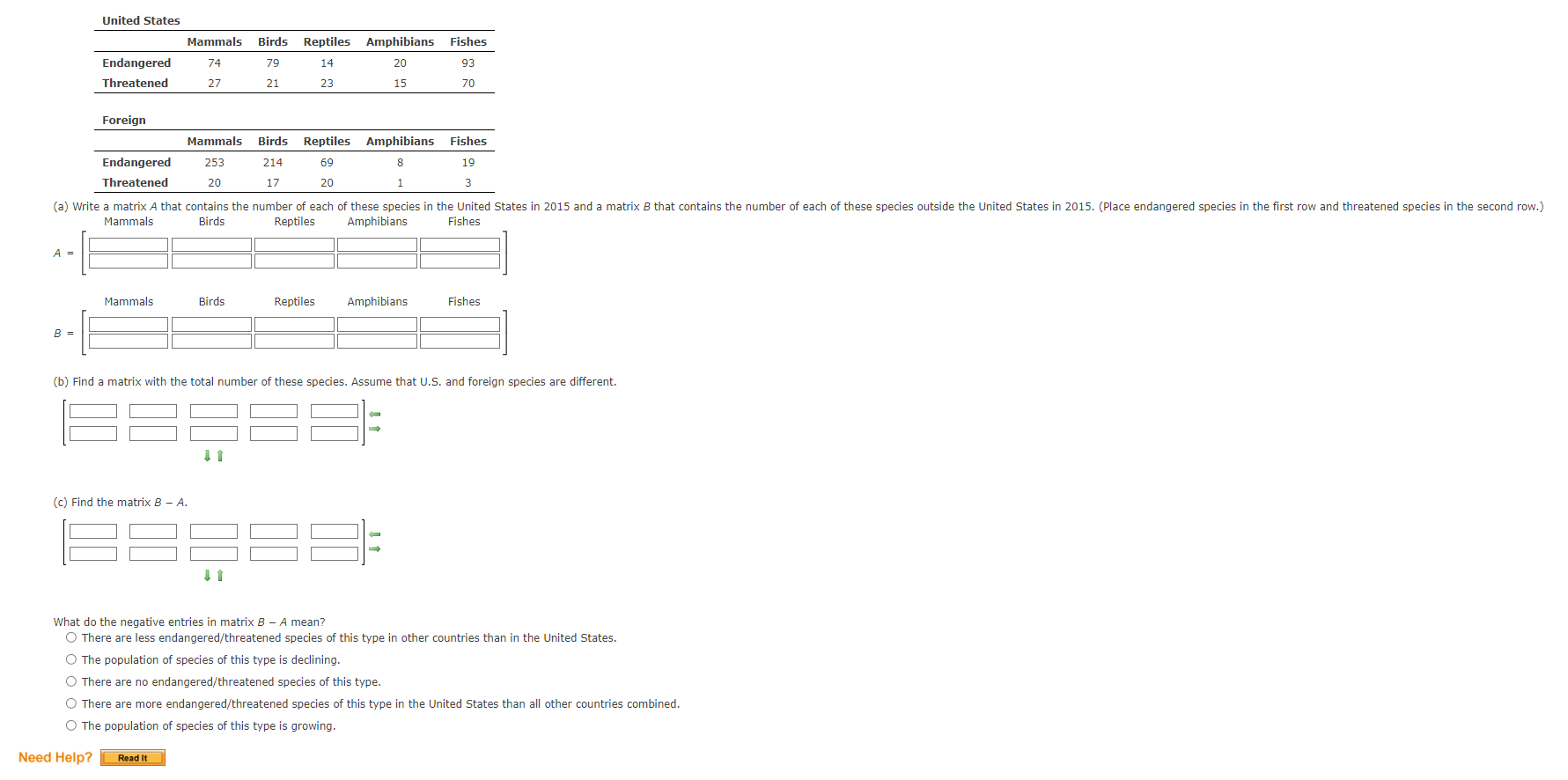 Solved (c) Find the matrix B−A. What do the negative entries | Chegg.com