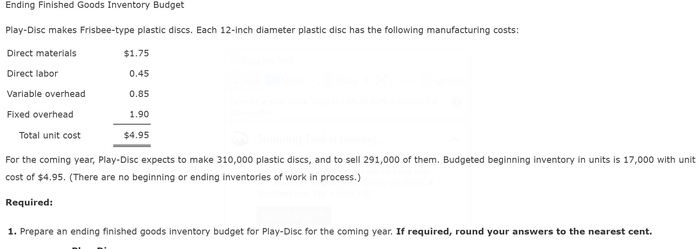 Solved Ending Finished Goods Inventory Budget PlayDisc