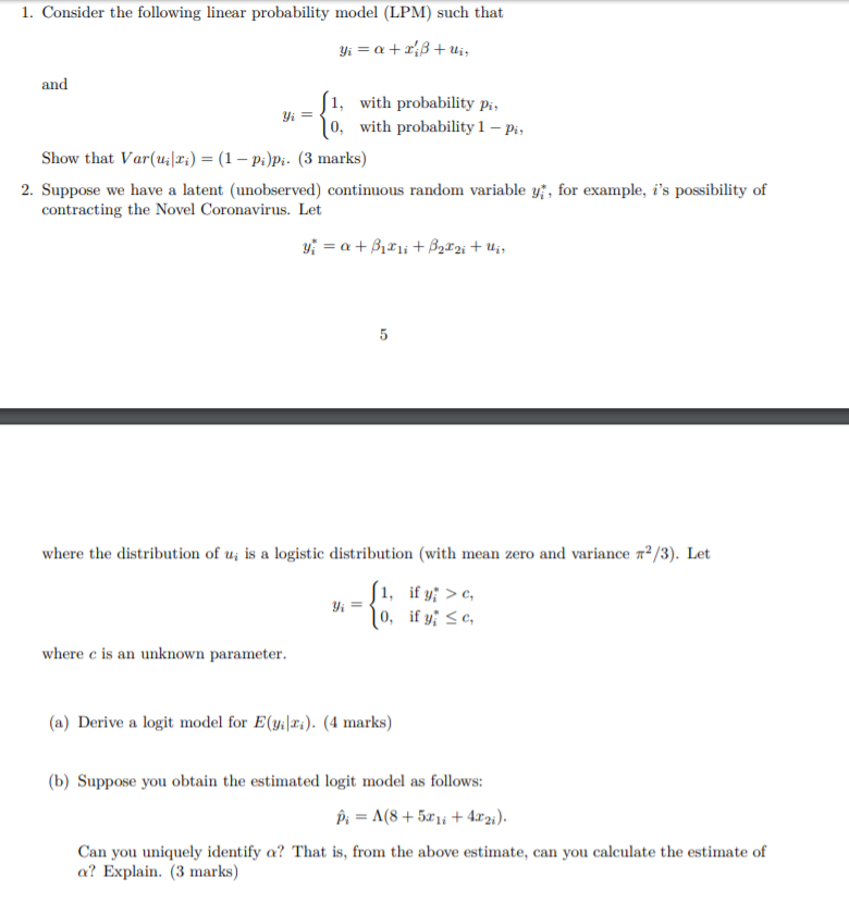 Solved 1. Consider the following linear probability model | Chegg.com