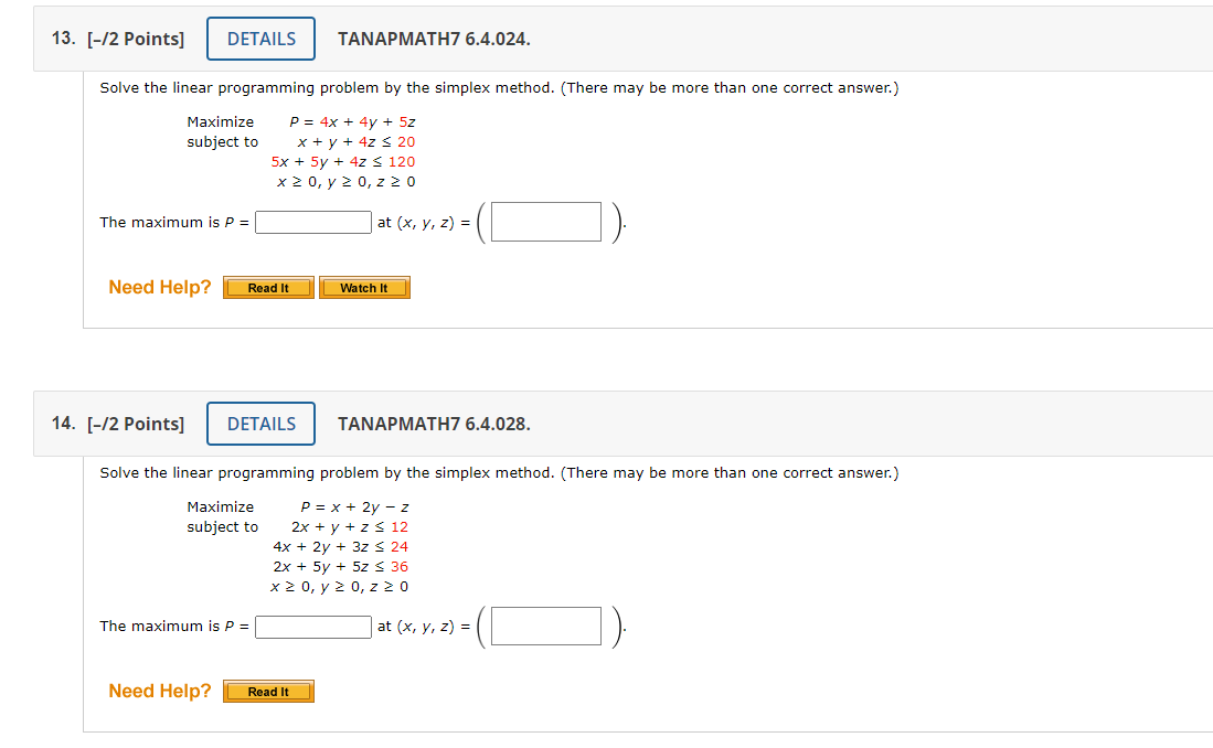 Solved [-/2 Points] TANAPMATH7 6.4.024. Solve the linear | Chegg.com