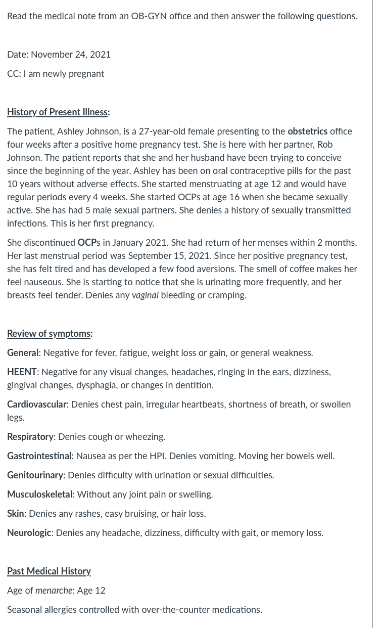 Solved Read the medical note from an OB-GYN office and then | Chegg.com