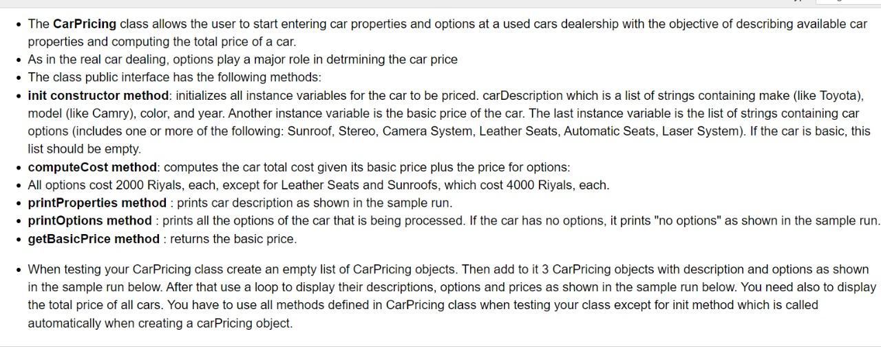 Solved • The CarPricing class allows the user to start | Chegg.com