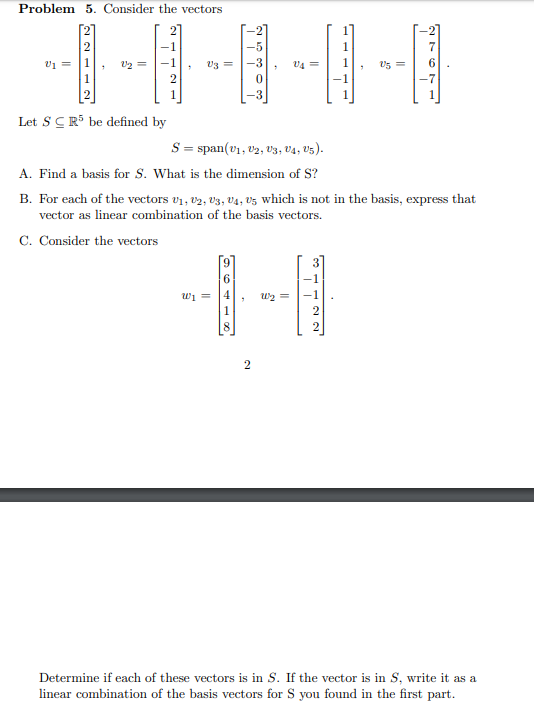 Vector Algebra Problem Solution Solved Problem 5. Consider the vectors 2 -5 1 -1 -3 Us= 2= | Chegg.com
