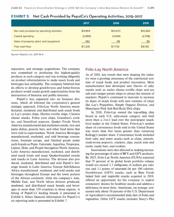 CASE 23 pepsicos diversification strategy in 2018 will the company s new businesses restore ts growth? c271 net cash provide