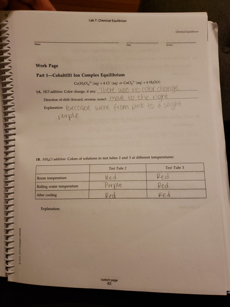 Lab 7 Chemical Equilibrium Chemical Equilibrium Work
