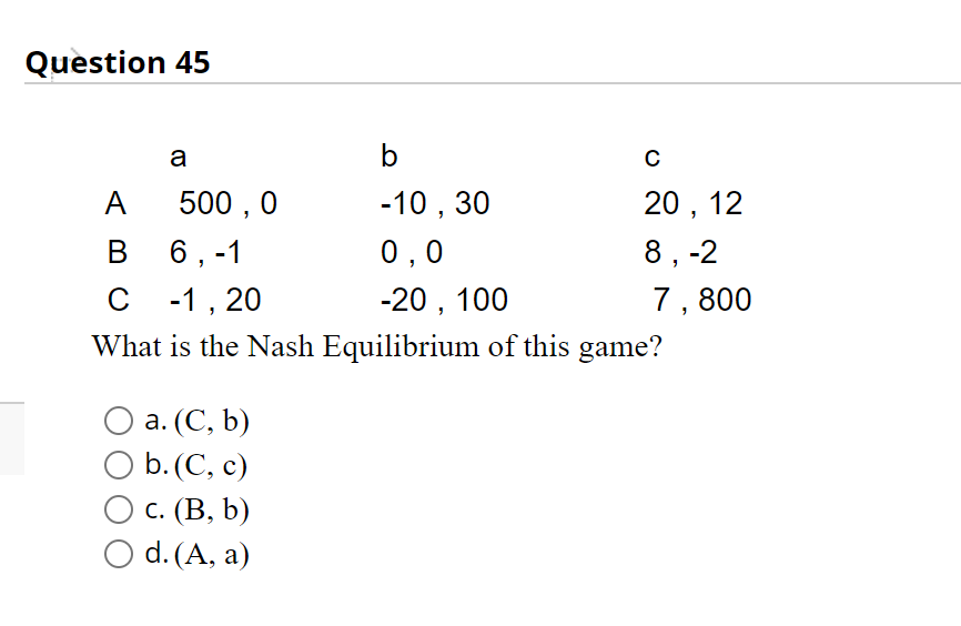 Solved What Is The Nash Equilibrium Of This Game? A. (C,b) | Chegg.com