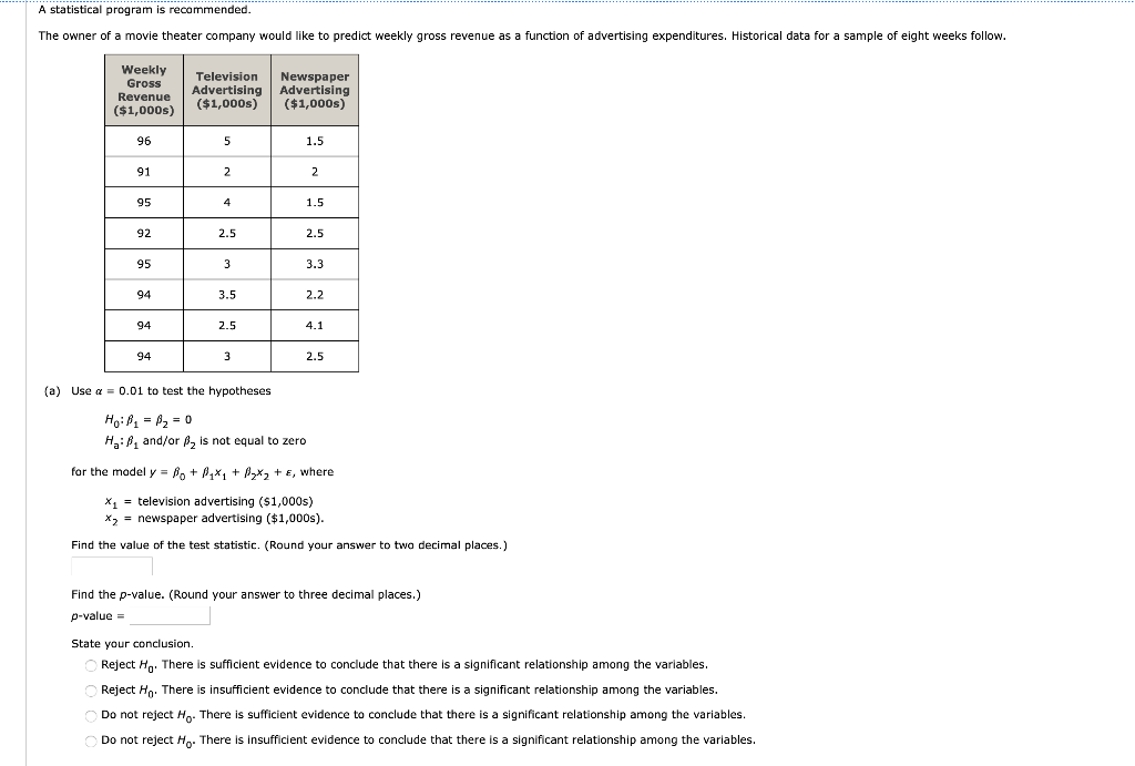 Solved (a) Use α=0.01 to test the hypotheses H0:β1=β2=0 | Chegg.com