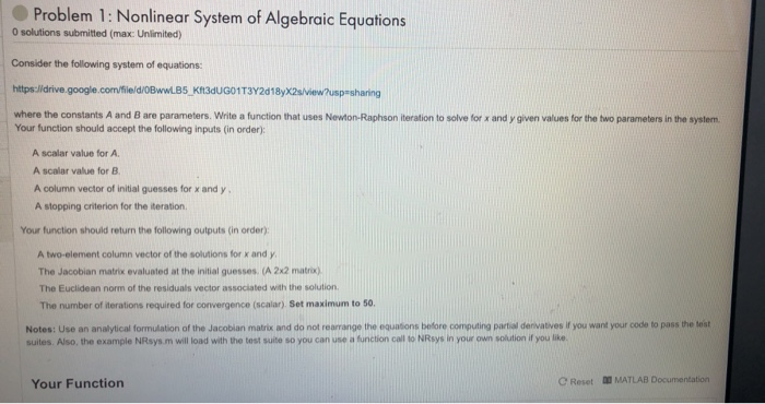 Solved Problem 1: Nonlinear System of Algebraic Equations 0 | Chegg.com