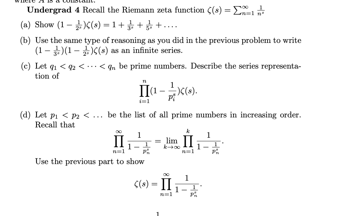 Solved Undergrad 4 Recall the Riemann zeta function | Chegg.com