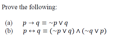 Solved Prove the following: (a) p →q=~pvq (b) | Chegg.com