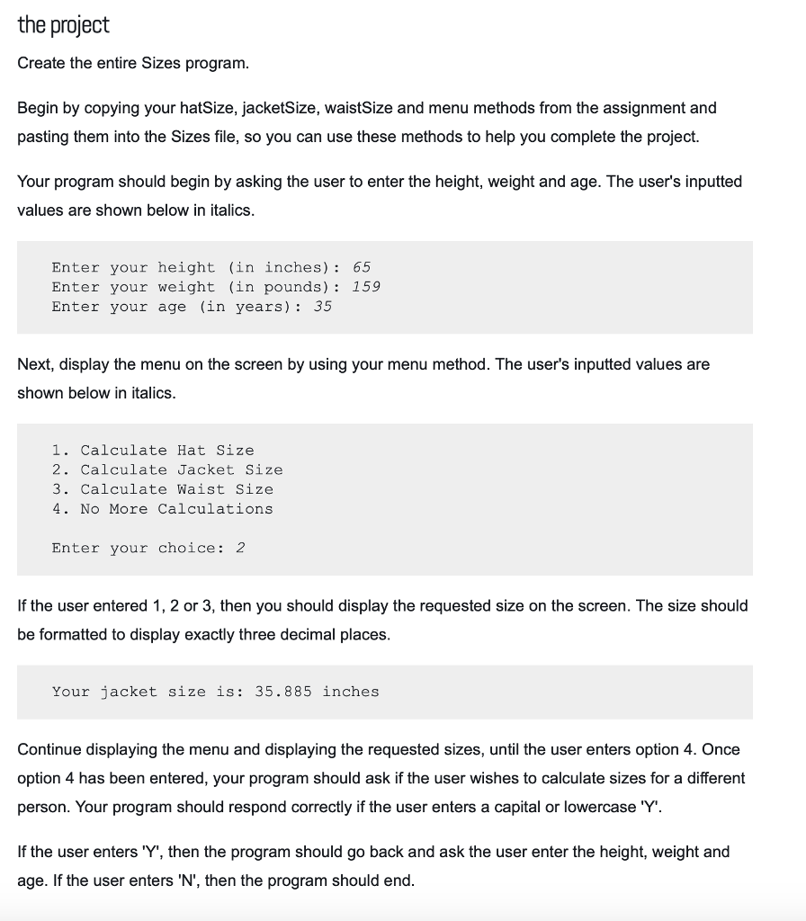 the project Create the entire Sizes program. Begin by | Chegg.com
