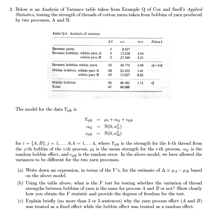 2. Below Is An Analysis Of Variance Table Taken From | Chegg.com