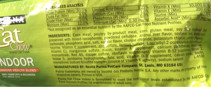 Cat food nutrition clearance label