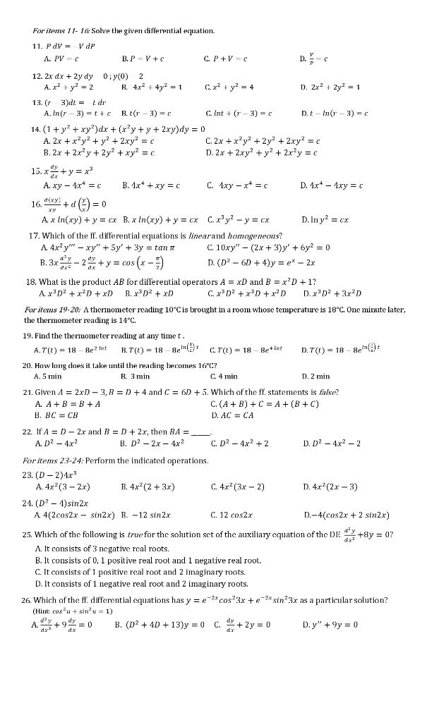 Solved For Items 11- 16 Solve The Given Differential | Chegg.com