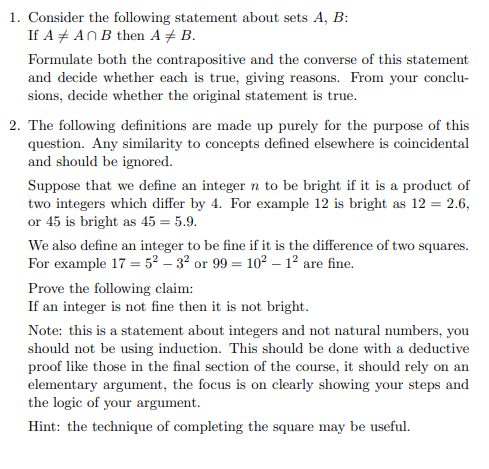 Solved 1. Consider The Following Statement About Sets A, B: 