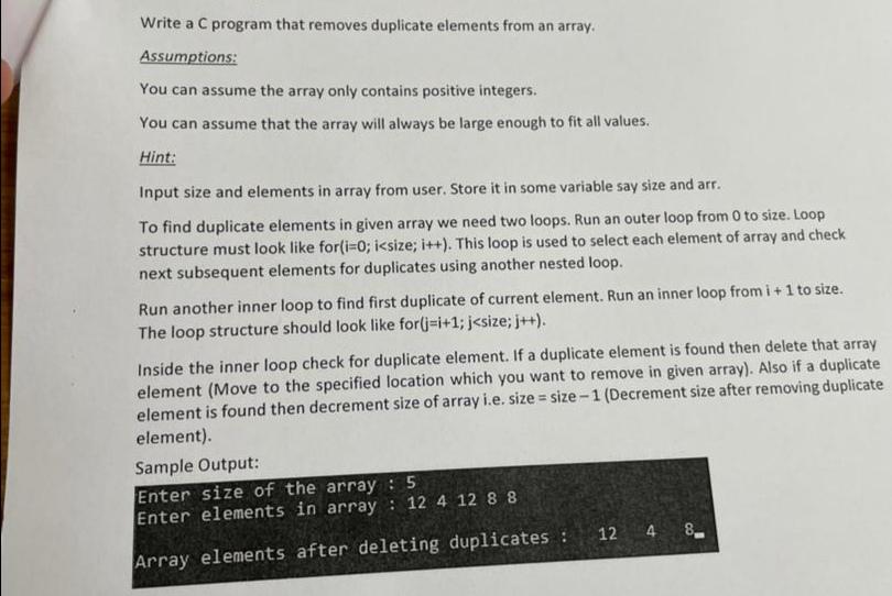 Solved Write a C program that removes duplicate elements | Chegg.com
