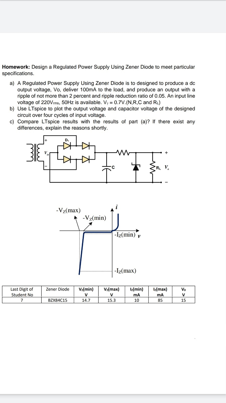 Homework Design a Regulated Power Supply Using Zener