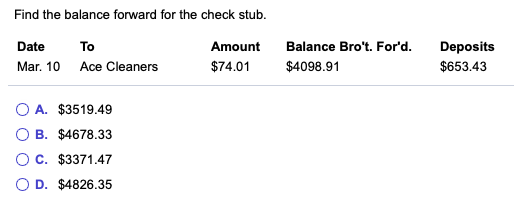 Solved Find the balance forward for the check stub. Date | Chegg.com
