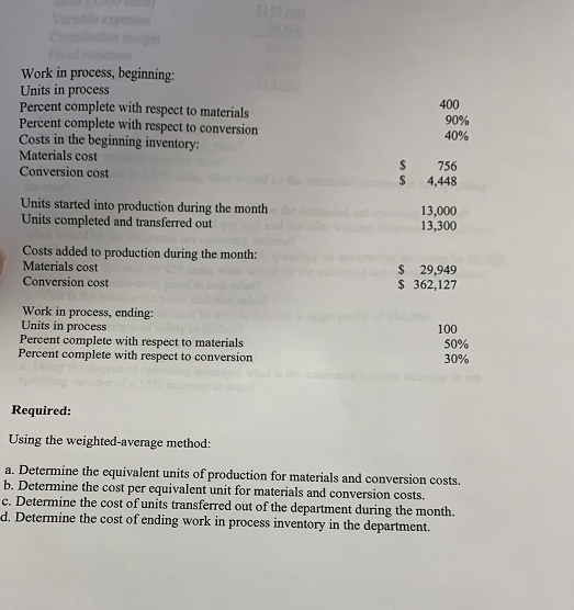 Solved Work in process, beginning Units in process Percent