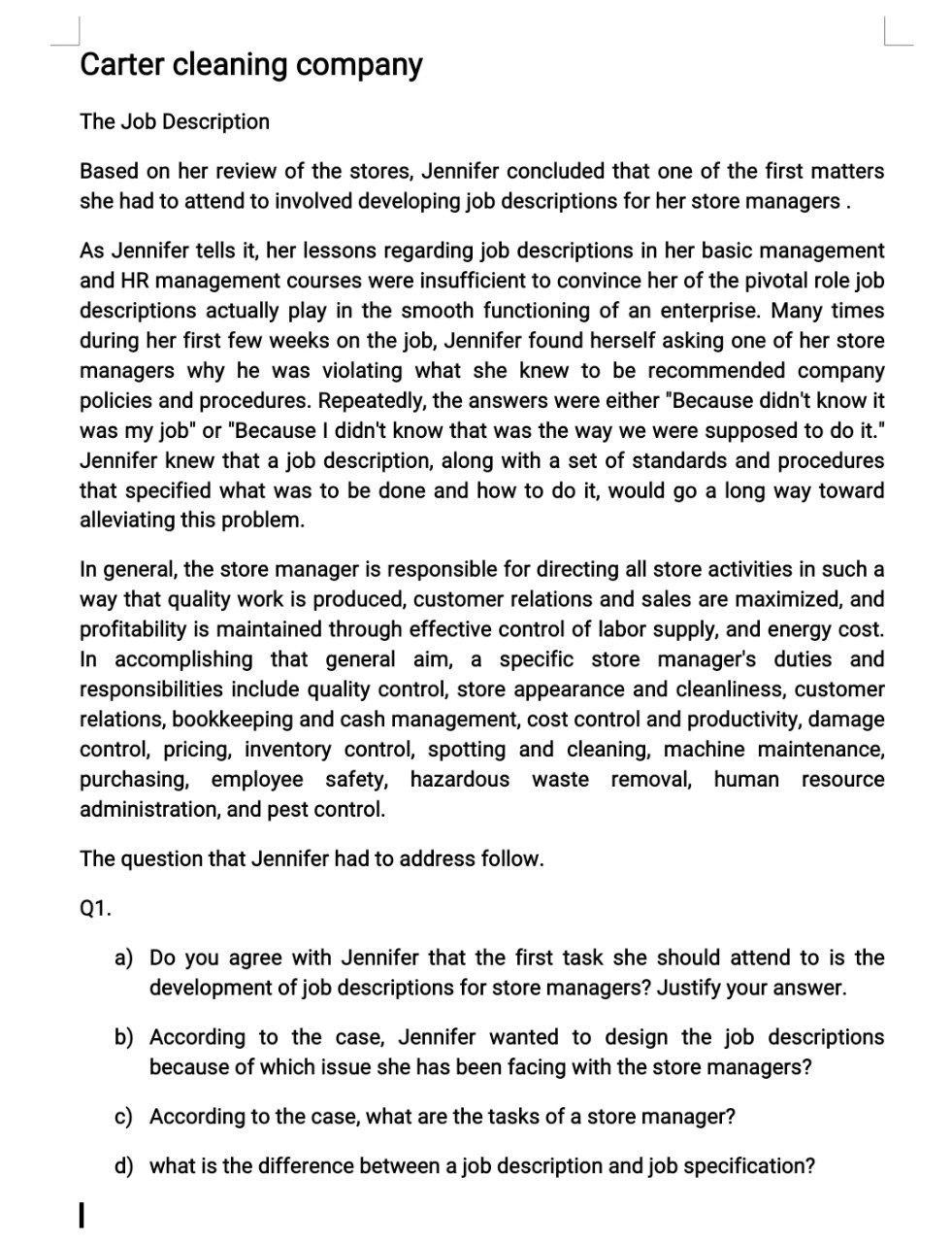 Solved Carter cleaning company The Job Description Based on