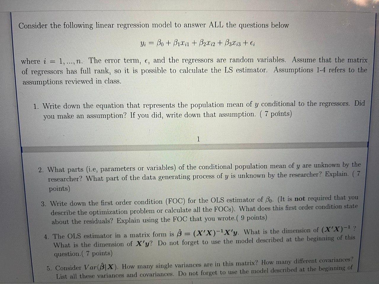 Consider the following linear regression model to | Chegg.com 