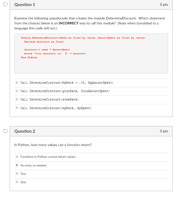 Solved D Question 1 3 pts Examine the following pseudocode | Chegg.com