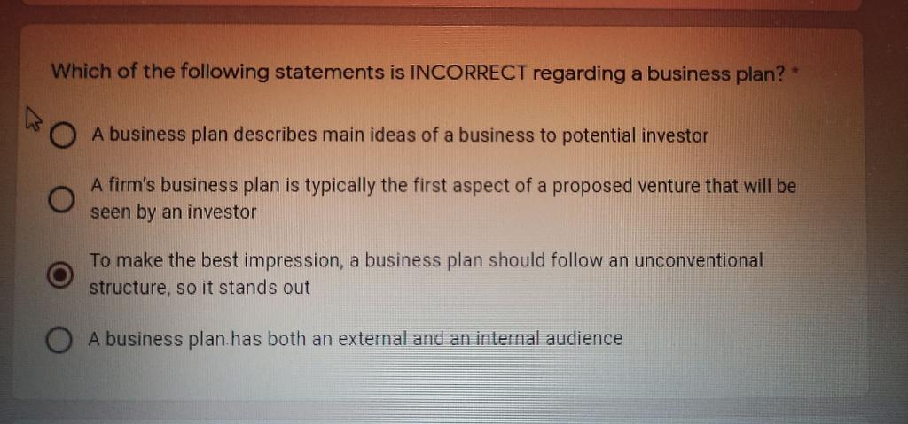 the business plan declares the following except