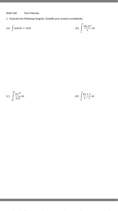 Solved Math 262 Test 4 Review 1. Evaluate the following | Chegg.com