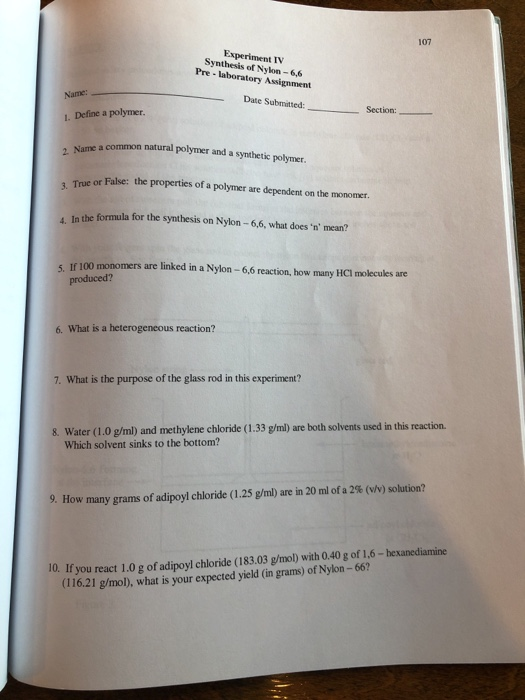 Solved 107 Experiment IV Synthesis of Nylon-6,6 Pre - | Chegg.com